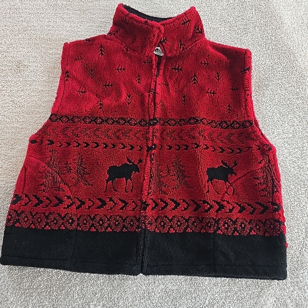 Vintage Black Mountain Outdoor Women's Plush Fleece Vest‎ Red Moose Trees Sz 2X